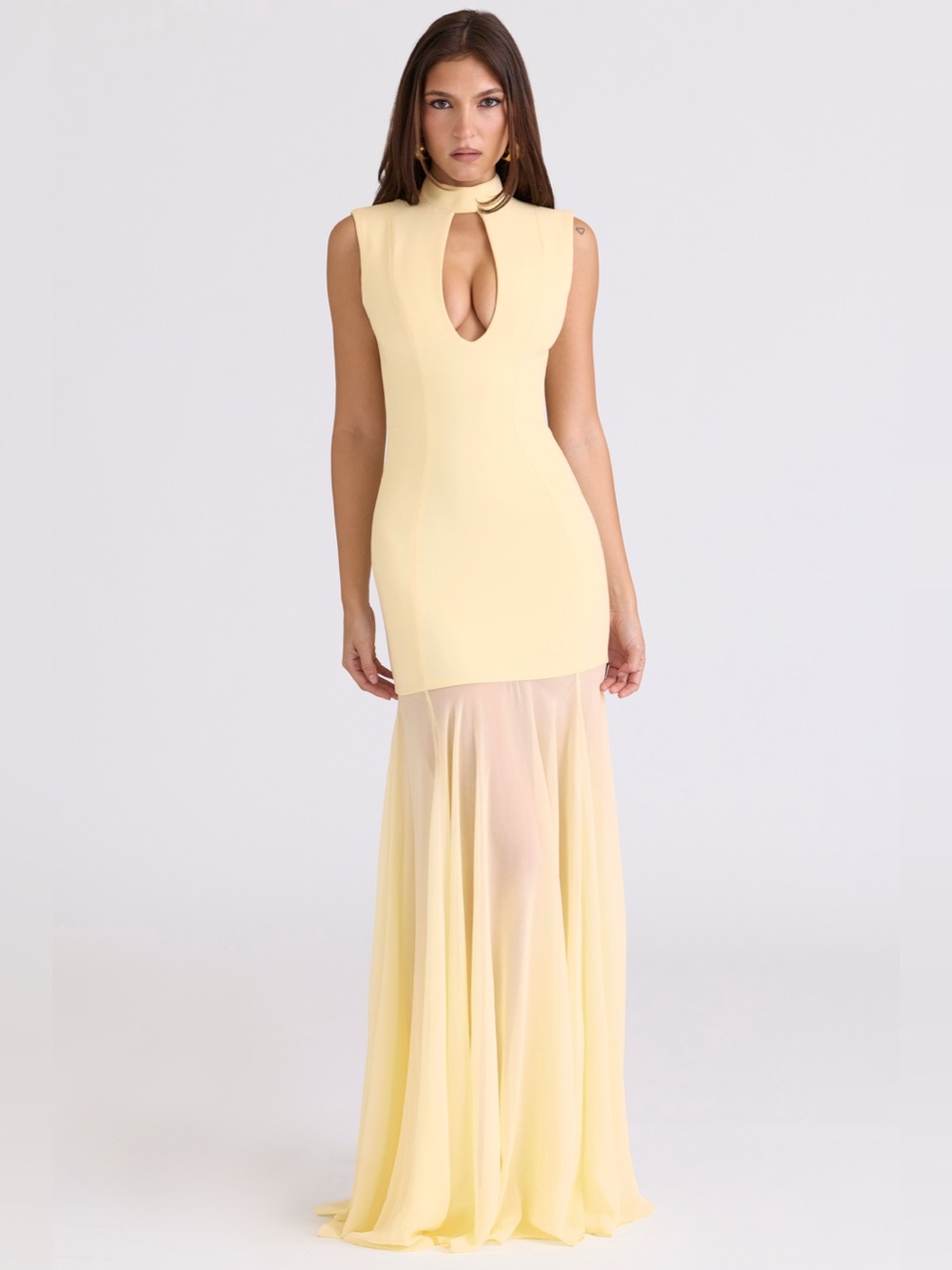 House of CB Butter Yellow Keyhole Sheer Maxi Dress Gown Size Large DL4 - Picture 4 of 14